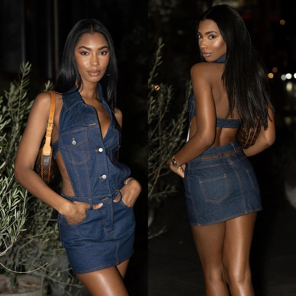 

Sexy Summer Jeans Skirts Denim Mini Dresses Turn Down Collar Above Knee Sleeveless Slight Strech Casual Outfits Shorts Dresses