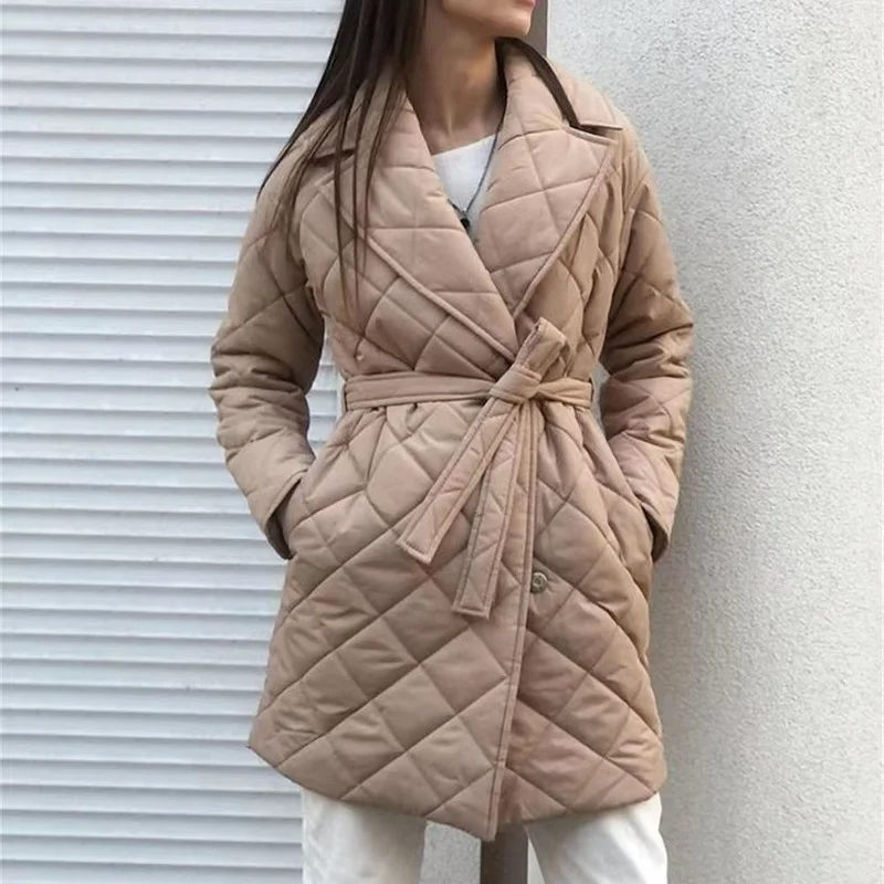 

Padded Long Parka Women's Winter 2022 Jacket Casual Turn Down Collar Belt Straight Overcoat Office Lady Outwear Woman Clothes