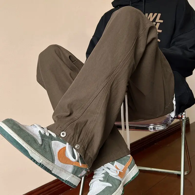 

Deconstruction Style Snap Closure American Retro Cargo Pants a Small Number of Original Design Pants Loose Straight Trousers