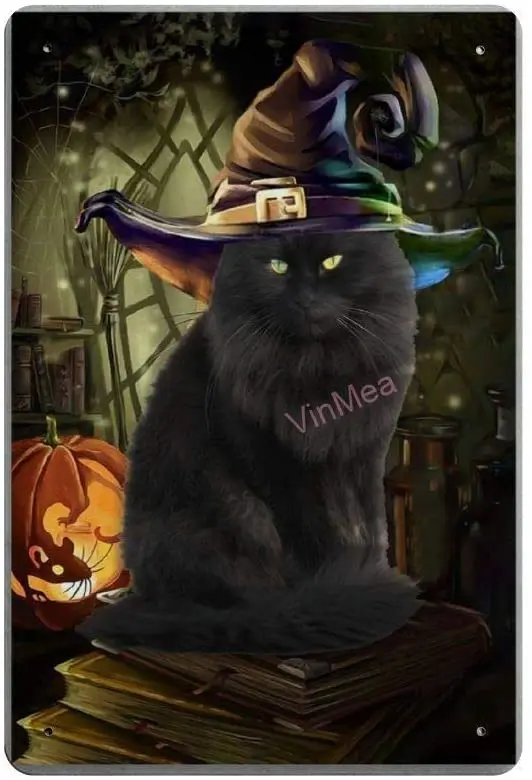 

Kitten in A Witch Hat Poster Funny Art Decor Vintage Aluminum Retro Metal Tin Sign Painting Decorative Signs 20x30cm