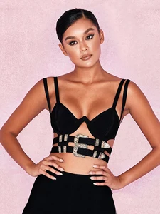 Новинка 2021, женские сексуальные обтягивающие топы, топы без рукавов, с металлическим украшением, черные топы, оптовая продажа