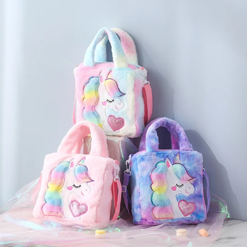 Winter Plush Shoulder Totes Colorful Animal Totes Kids Handbags Girls Belts Purse Cartoon Children Unicorn Party Crossbody Bags