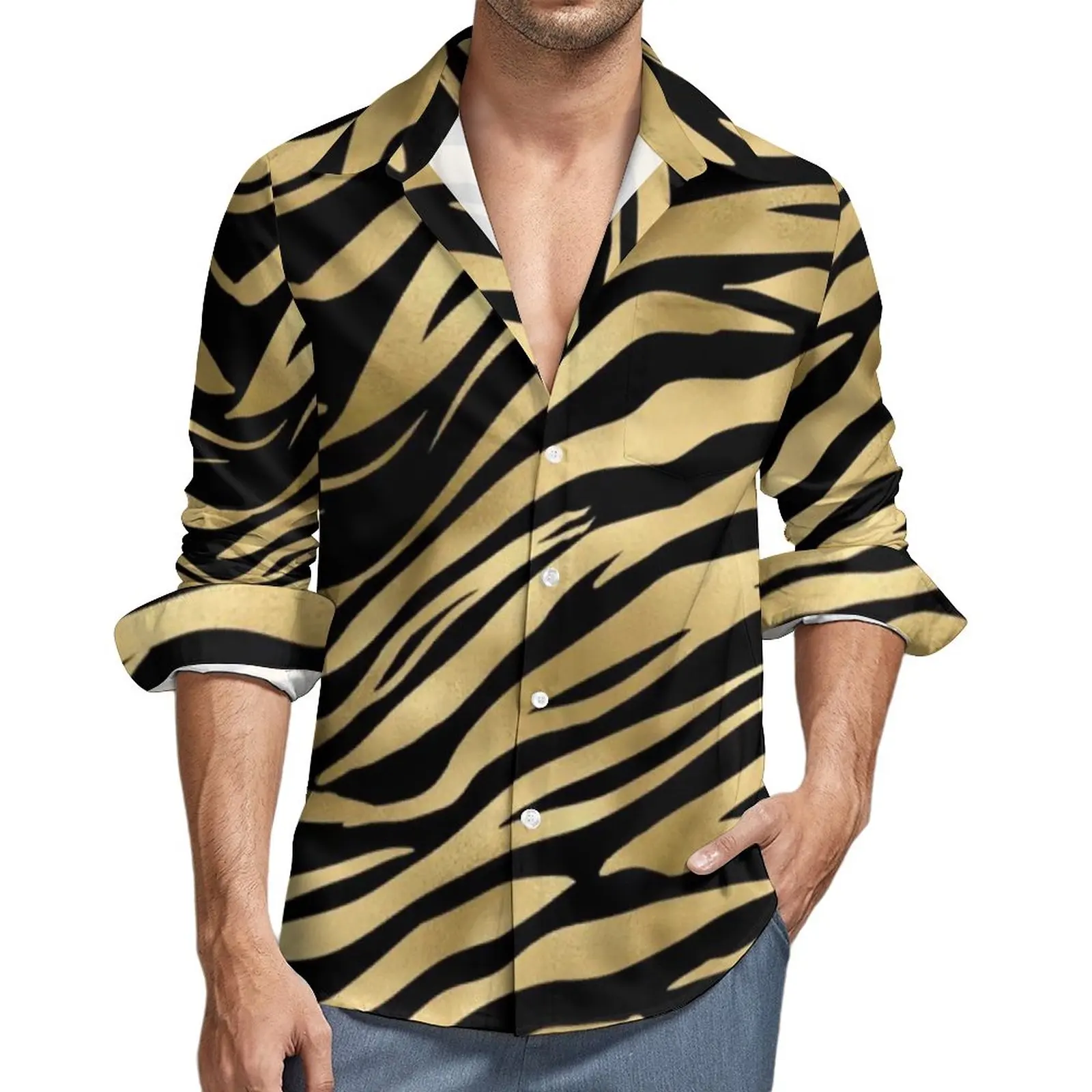 

Black And Gold Tiger Print Shirt Animal Fur Stripes Casual Shirts Long Sleeve Graphic Funny Blouses Fashion Oversized Clothes
