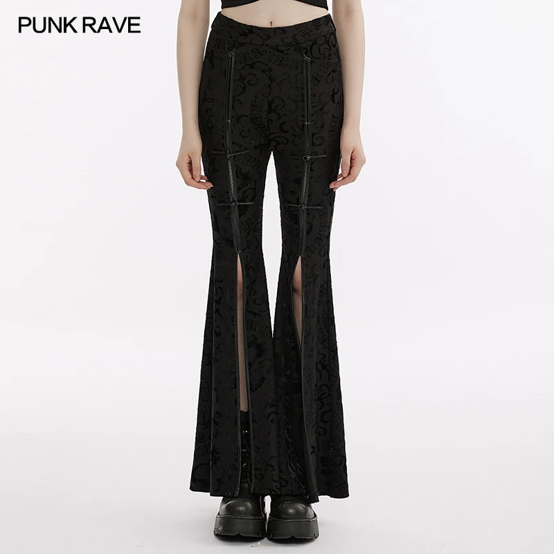 PUNK RAVE Women's Punk Dragon Totem Flare Legs Pants Sexy Slits + Faux Leather Binding Gothic Style Personality Trousers Women