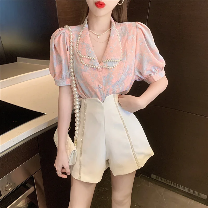 

2022 Summer Women's French Luxury Shorts Suit Casual Fashion Two Piece Set Pink Short Sleeve Shirt + High Waist Shorts Suit