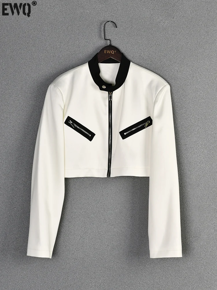 

Женская куртка контрастной расцветки [EWQ], белая короткая куртка с длинным рукавом и двойной молнией, Осень-зима 2023, MZ.A8019