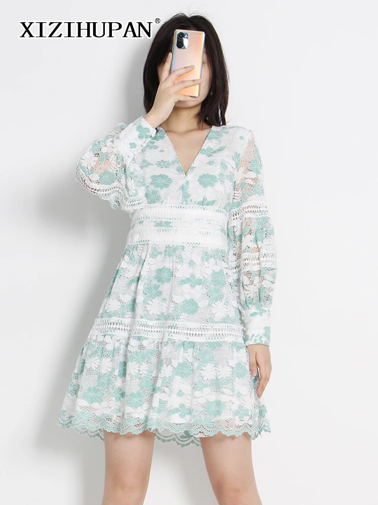 

XIZIHUPAN Elegant Summer Dress For Women V Neck Long Sleeve High Waist Cut Out Colorblock Mini Dresses Female Fashion Clothing