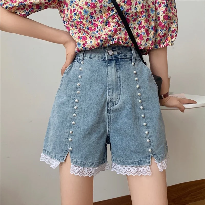 Sweet Y2k Pearl Lace Denim Shorts 2023 Korean Women Summer Sexy High Waist Straight Jeans Shorts Casual Loose Wide Legs Shorts