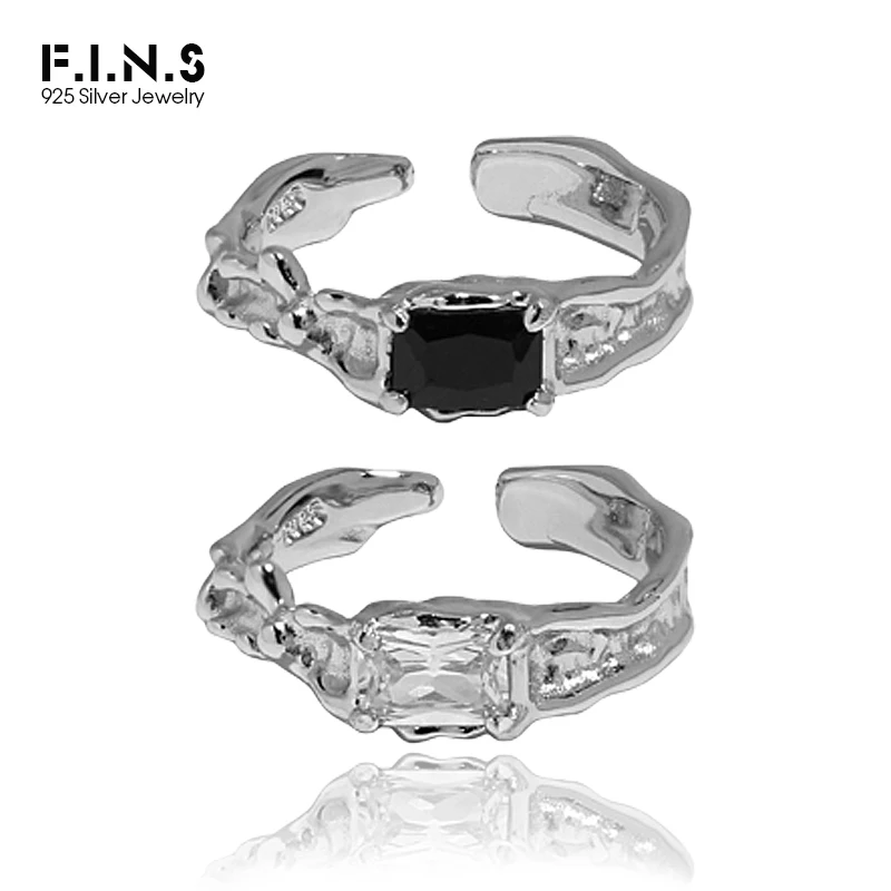 

F.I.N.S Irregular Surface Texture Zircon Pure S925 Sterling Silver Open Adjustable Ring for Women Men Luxury Wedding Finger Ring