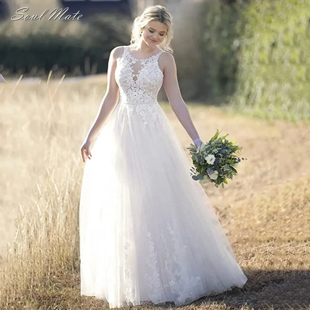 

Sexy Romantic Boho Wedding Dress Backless Lace Appliques Illusion Bride Dresses For Women Bridal Gown Vestidos de novia 2022