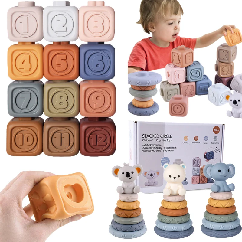 

Montessori Baby Blocks Toy for Newborns 0 12 Months Silicone Soft Cubes for Stacking Bath Toy Teethers Rattles kids toys