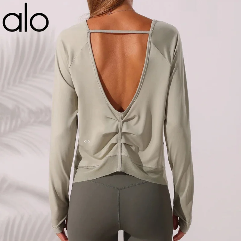 

Alo Yoga Women Mesh Loose Long Sleeve Crop Top With Thum Hole Sexy V Neck Fitness Sports Tee Gym T-Shirts Running Active Wear