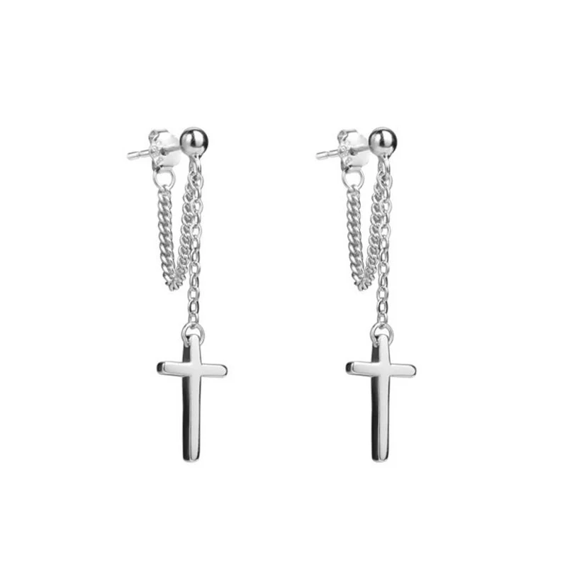100% 925 Sterling Silver Cross Chain Stud Earrings Beautiful For Women Lady Jewelry Gift ED470