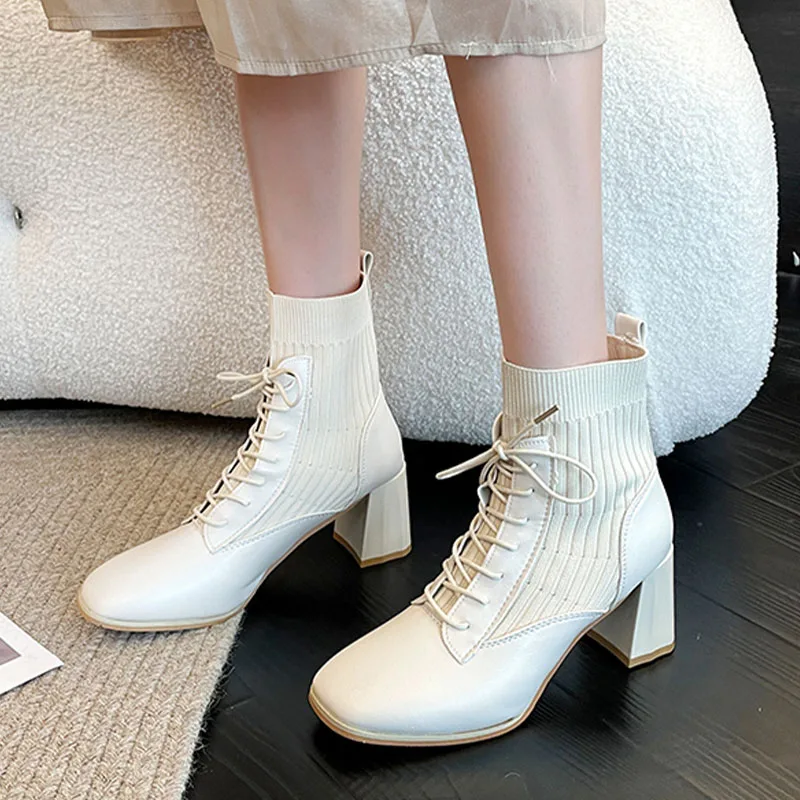 

Winter Women Knitting Ankle Sock Boots High Heels Chelsea Boots 2022 New Designer Thick Lace Up Pumps Casual Shoes Snow Botas