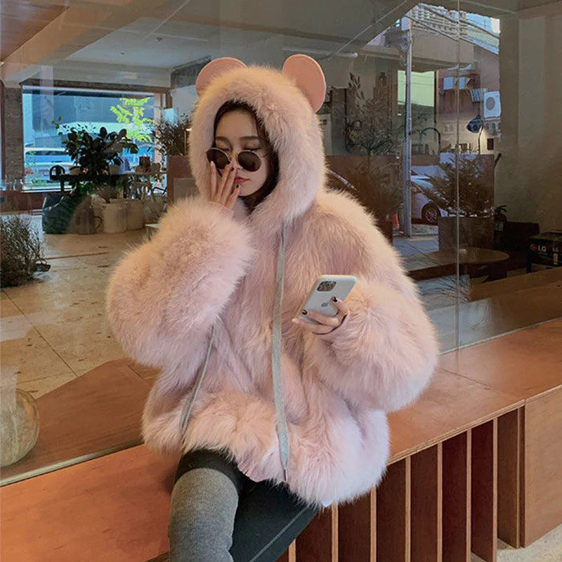 

Winter Fox Fur Collar Hooded Luxury Rabbit Faux Fur Jacket Manteau Patch White Kawaii Teddy Coat Woman Overcoat Femme Hiver 2023