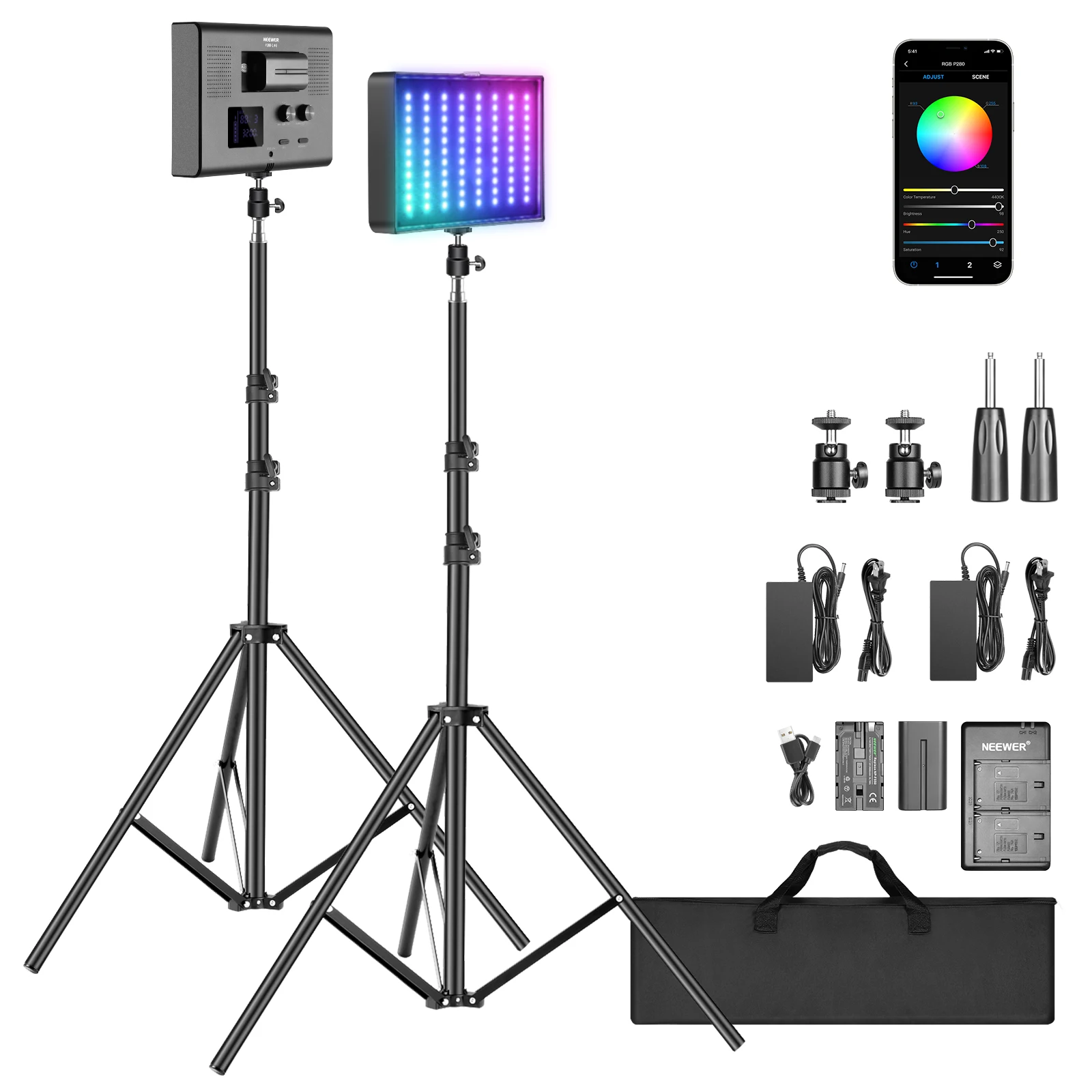 

Neewer 2 Packs P280 RGB LED Video Light Battery with APP Control - CRI97+/3200-5600K, Led Panel Light for YouTube, Photography