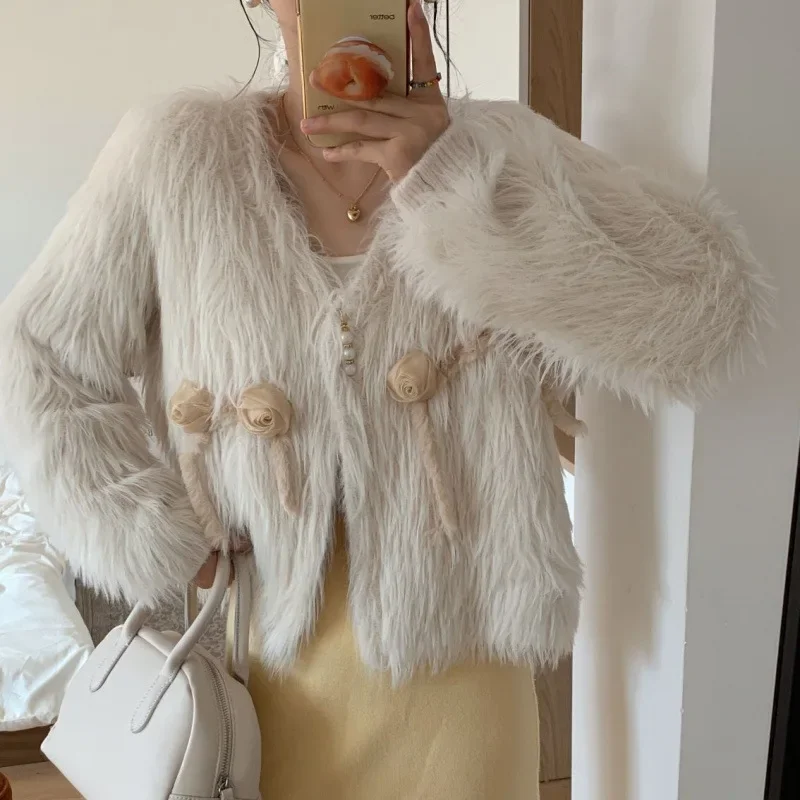 Женская осенне-зимняя куртка из лисьего меха с цветами мягкий теплый кардиган в