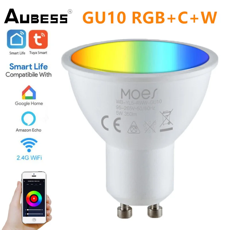 

Умная лампа Aubess Tuya с Wi-Fi, светодиодная лампа GU10, цвет белый, RGBW C + W, изменение цвета, работа с Alice Alexa Google Home