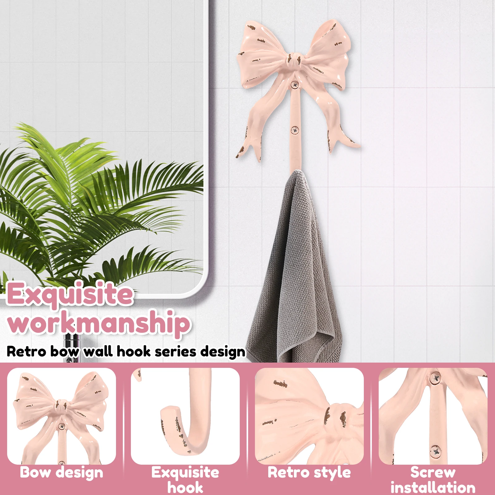 Новый 1/2 шт. розовый настенный крючок с бантом винтажный металлический из