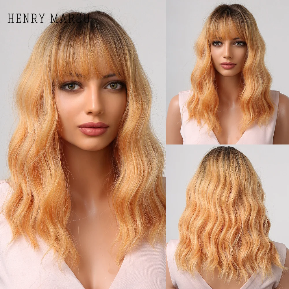 

HENRY MARGU Synthetic Wigs for Women Medium Curly Wavy Bob Starwberry Blonde Hair Wig with Bangs Cosplay Daily Heat Resistant