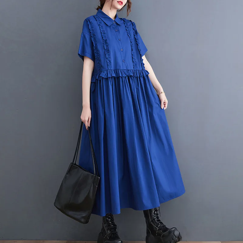 Женское Плиссированное Платье #3319 черное синее платье-рубашка с оборками