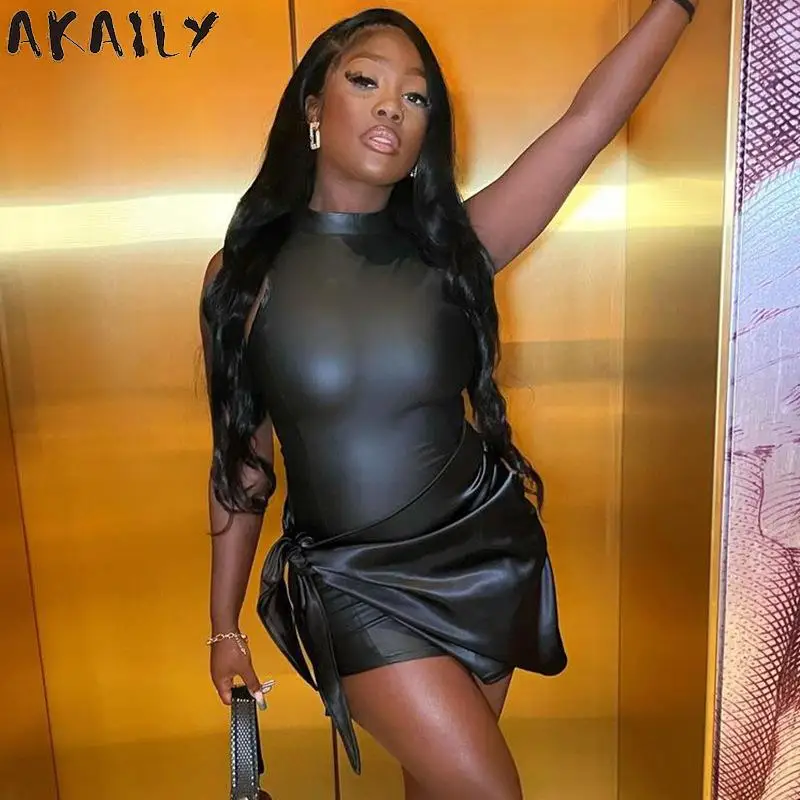 

Akaily Sexy Black 2 Two Piece Sets Women Club Outfits 2021 Bodycon Dress And Bandage Mini Skirts Sets Female Party Matching Sets