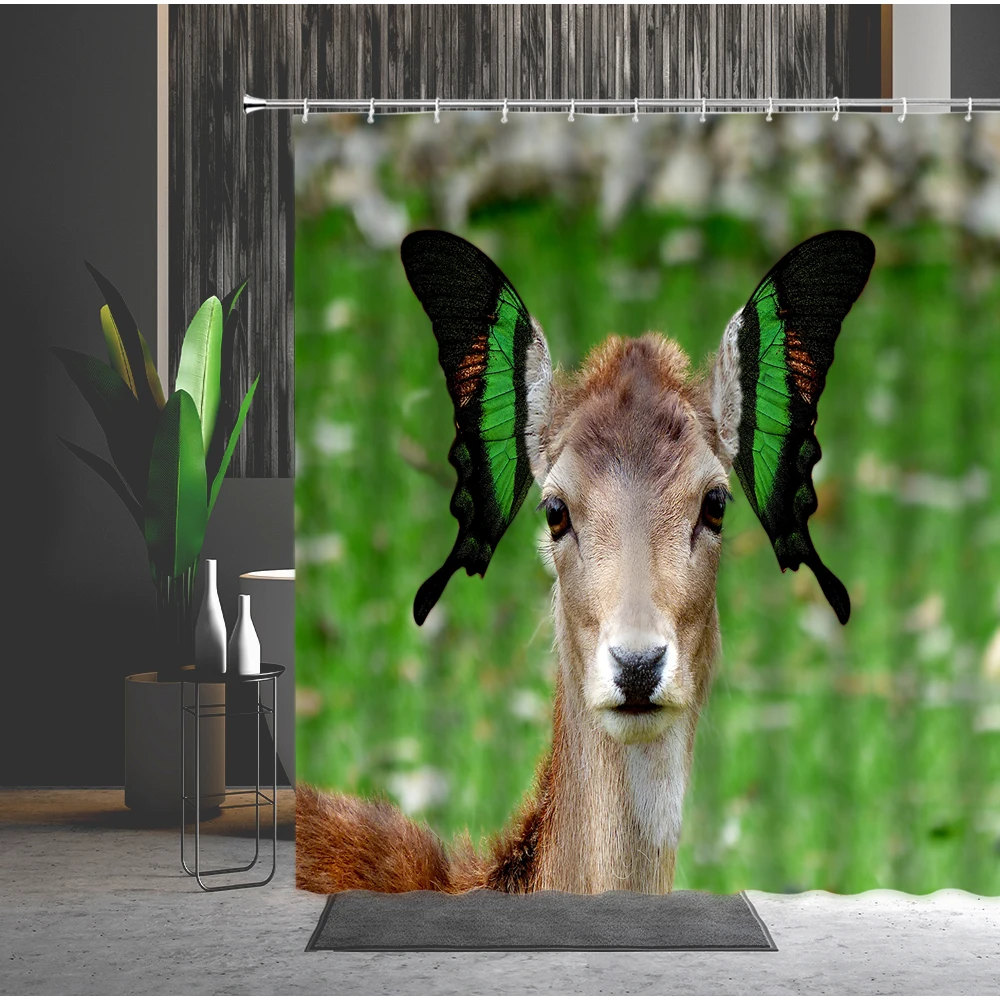 

Forest Wild Animal Alpaca Creative Butterfly Washable Elk Shower Curtain Bathroom Decor Bathtub Screen Green Plant Bath Curtains