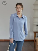 dushu slightly fat lady polo collar full puff sleeve trench blouses belt design shirts office lady casual single breasted shirt