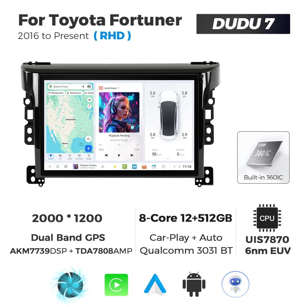 Фото Автомагнитола DUDUAUTO DUDU7 7870 с экраном 11.5 дюймов (2000*1200), Wi-Fi, 4G, для Toyota Fortuner 2016 с поддержкой CarPlay и Android Auto №4