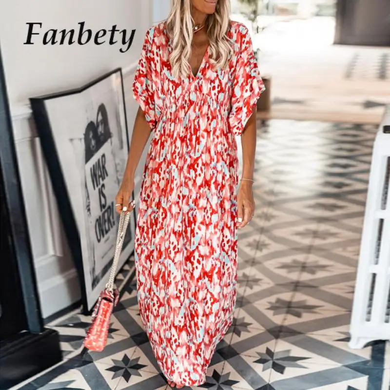 

Summer Women Elegant Waist Pleated Party Dress Boho Casual Loose Graphic Beach Dress Female Retro Half Sleeve V-neck Maxi Dress