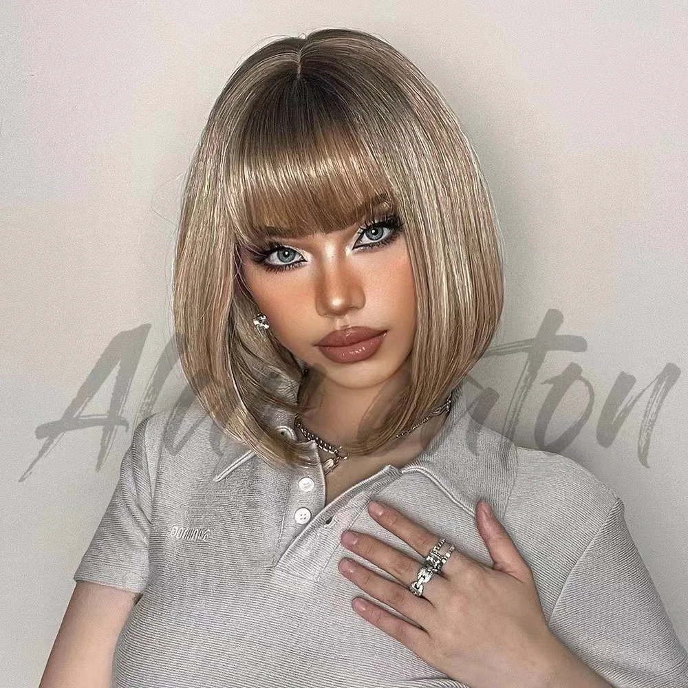 

Short, straight, brown, blond Bob wigs with angled bangs, synthetic wigs, and women playing Lolita wigs