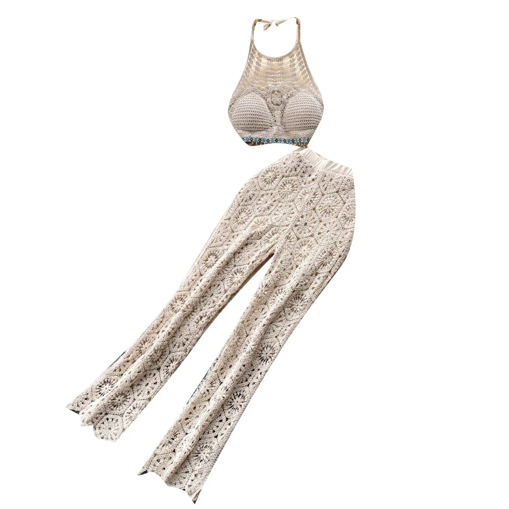 

Holiday Ins Style Sexy Halterneck with Suspenders Vest Women's Summer Suit High Waist Hollow-out Trousers Two-Piece Suit