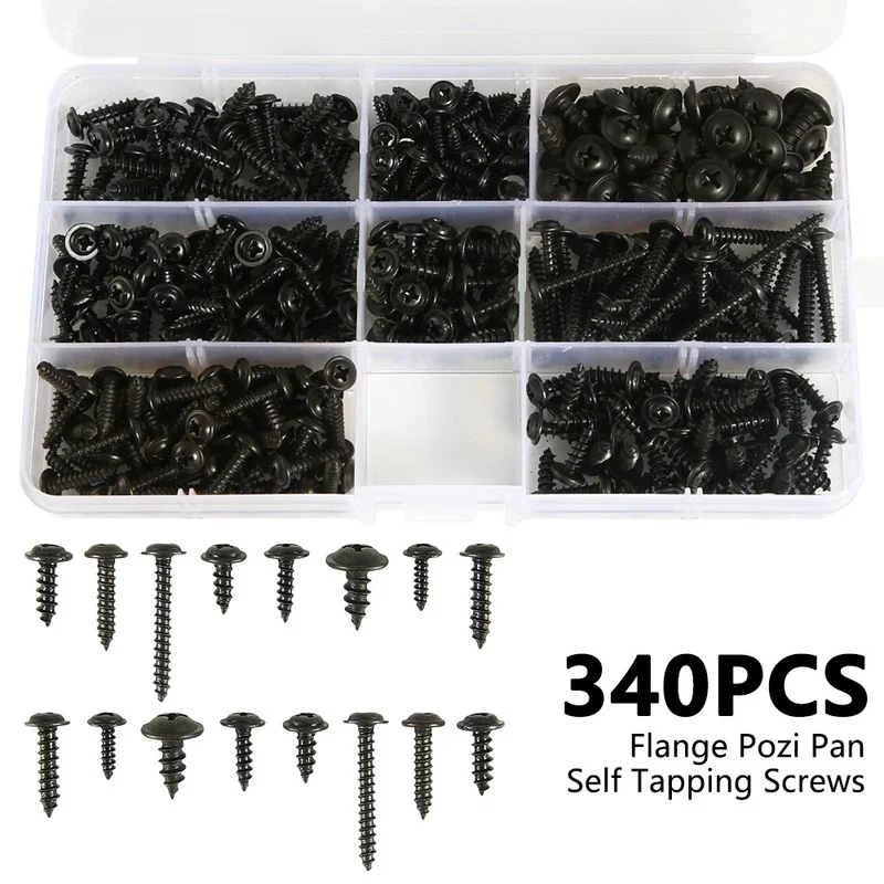 215/340/500pcs Pan Head Tapping Screw Cross Head M3/M4/M4.8 Self Tapping Screw Set Assortment Kit Black Furniture Carbon Steel
