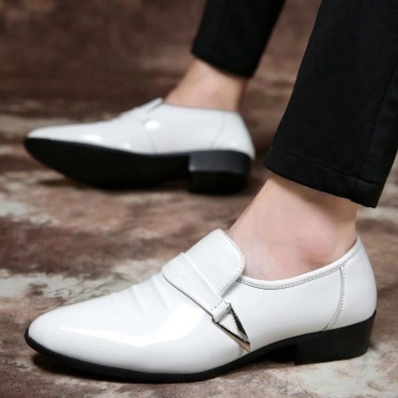 

Qmaigie dress shoes for men luxury designer brand Patent Leather Shoes White Fashion Wedding Party Buckle Formal Business shoe