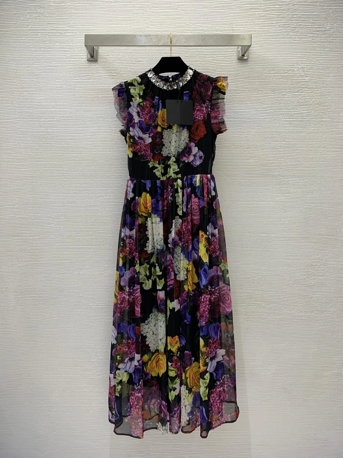 

Runway fashion 2023 summer floral printed rhinestone beading collar long swinging dresses flying sleeve slim dress