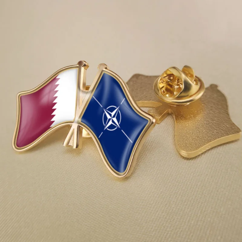 

Qatar and NATO North Atlantic Treaty Organization Crossed Double Friendship Flags Lapel Pins Brooch Badges
