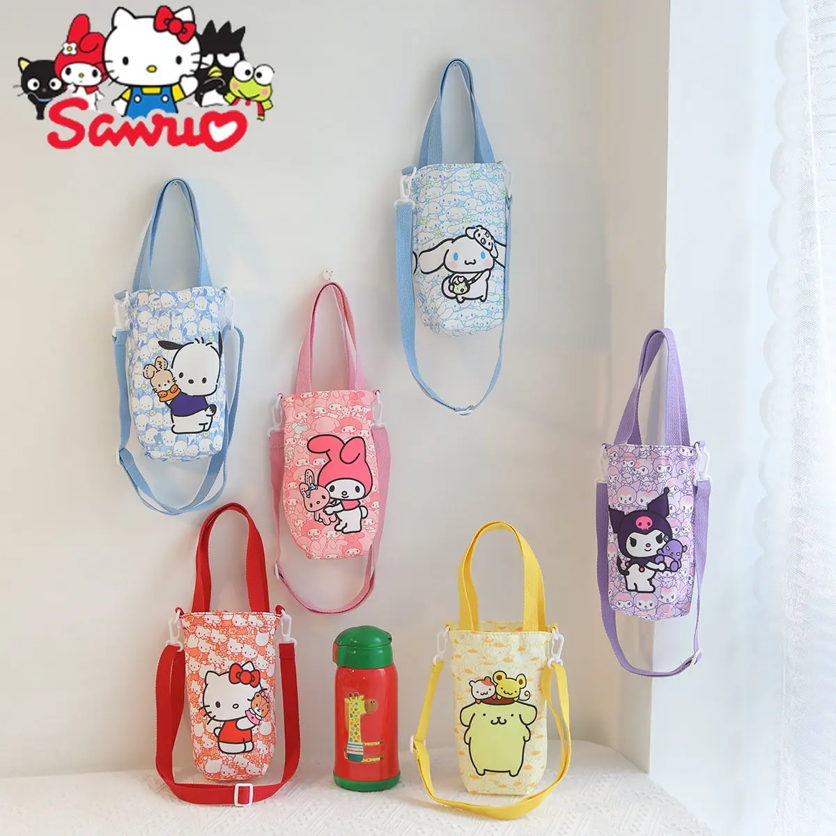 

Sanrio Melody Kuromi Hello Kitty Cinnamoroll понравико Холщовая Сумка Студенческая сумка с чашкой для воды и зонтиком по диагонали тканевая сумка через плечо