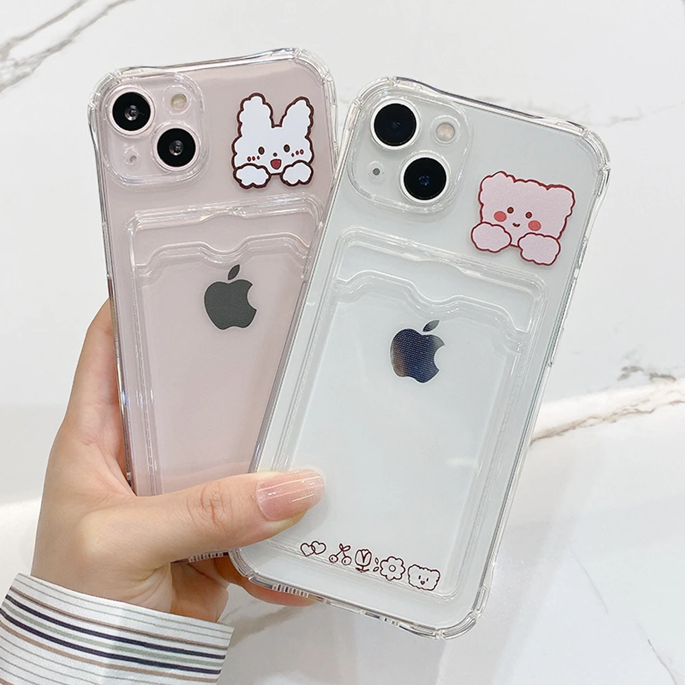 

Cartoon Card Slot Silicon Phone Cases For Iphone 11 12 13 Pro Max SE 2022 7 8 Plus XR X XS 2020 Wallet Card Holder Clear Covers