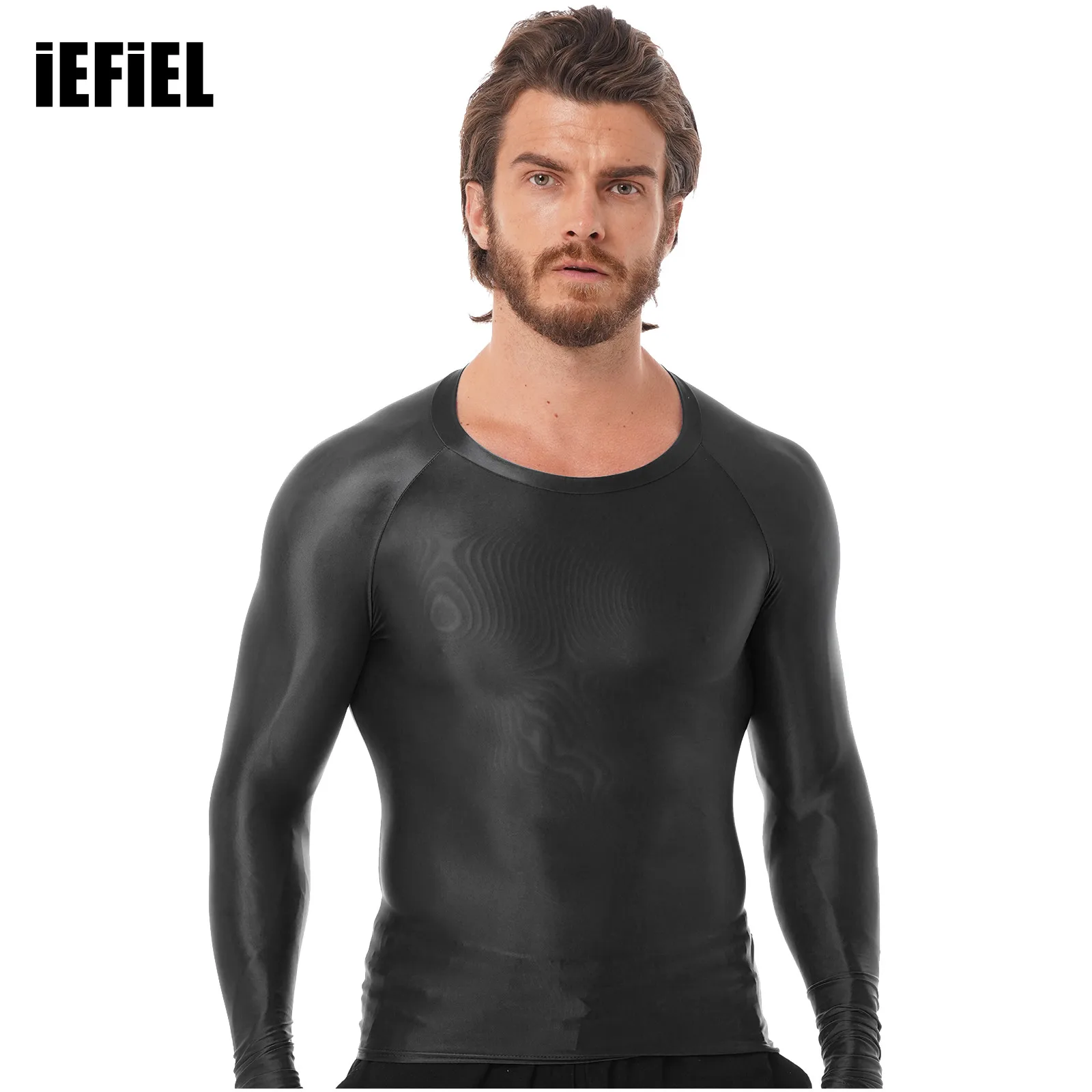 

Mens Glossy O Neck Long Sleeve T-shirt Solid Color Slim Fit Breathable Tops Yoga Sportwear