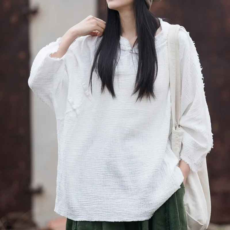 

Yasuk AllSeason, повседневные женские мягкие футболки в стиле ретро, мягкая хлопковая льняная чайная одежда, Однотонная рубашка с косым воротником, топы в китайском стиле, свободные