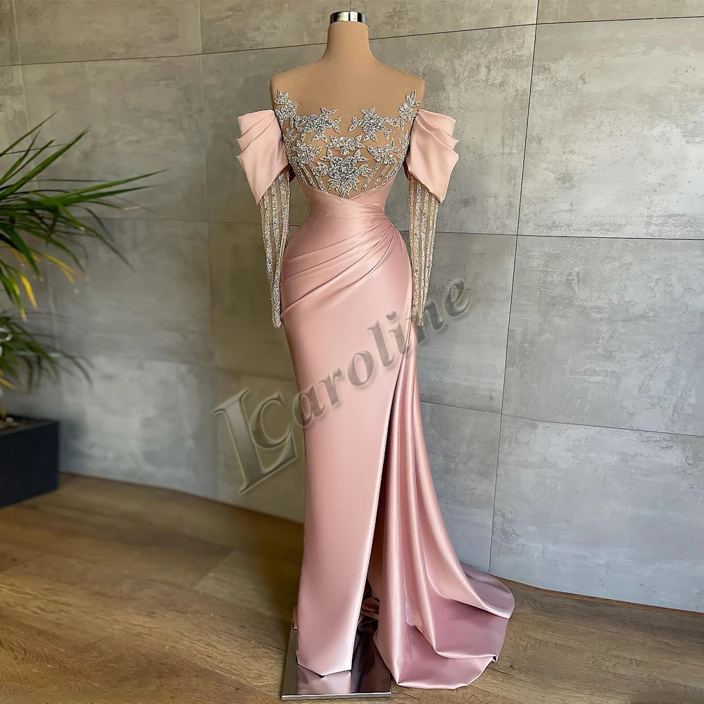 Caroline Dusty Rose Pageant Crystals Beaded Sexy Luxury Evening Dress Satin Pleat For Women Mermaid Customised Robe De Stretch