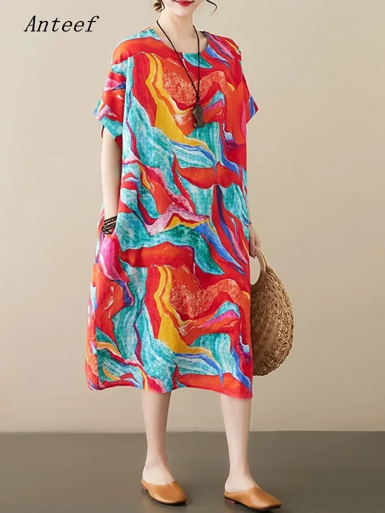 

Женское винтажное платье с коротким рукавом, винтажное платье с цветочным принтом, повседневное Свободное длинное летнее платье, элегантна...