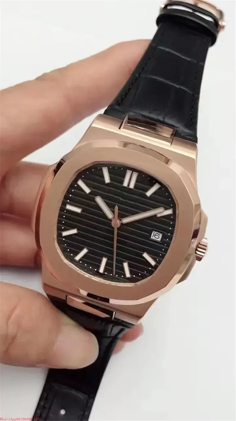 

mens Automatic Mechanical watches high quality Nautilus Boutique Stainless Steel Black Leather Rose Gold