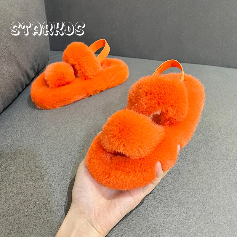 Kids Winter Elastic Strap Fur Sandals Girls Comfortable Plush Mules Baby Child Brand Design Thick Sole Warm Fluffy Slippers