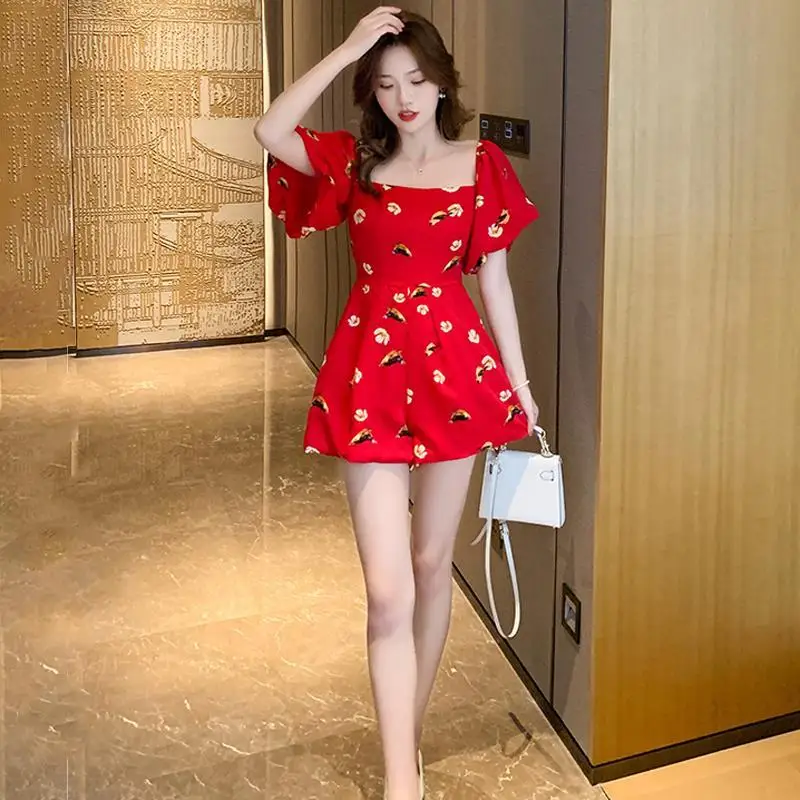 Summer Women V Neck Short Sleeve Vintage Floral Print Chiffon Shorts Jumpsuit Casual Street Slim High Waist Rompers Outfits Q14