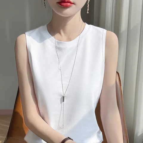 Весенне-летняя футболка без рукавов из 100% хлопка с круглым вырезом, женская однотонная рубашка на бретельках, жилет