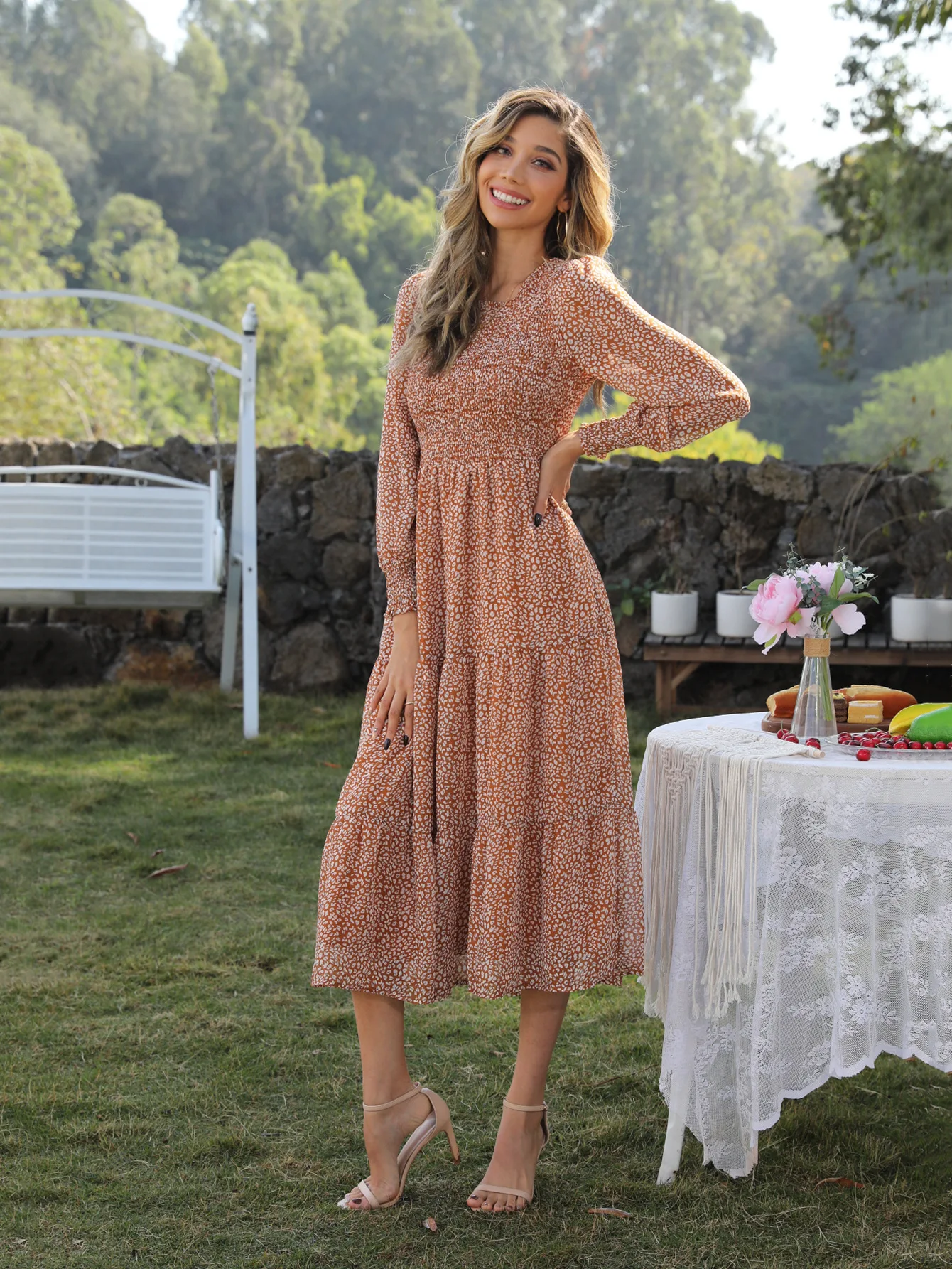 

Платье женское длинное с длинным рукавом, элегантное модное классическое пляжное офисное платье с принтом, с завышенной талией, C3651, на лето