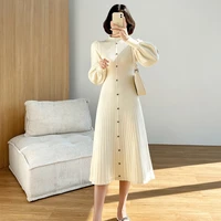 womens autumn new high end temperament half high collar bubble sleeve medium long single breasted sweater knitted dress
