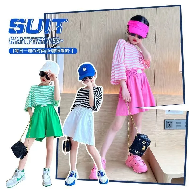 

Летняя одежда для девочек, комплект одежды для девочек 9 лет, топы в полоску, модная повседневная одежда для подростков из двух предметов