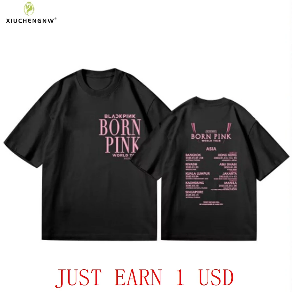 

Pink Kpop BORN Pink Tour Vocal Concert Same O-neck Solid Color Short Sleeved Cotton Bp T-shirt Y2K Oversize Hip Hop Top Tee